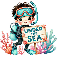 A child snorkeling under the sea, surrounded by colorful corals.
