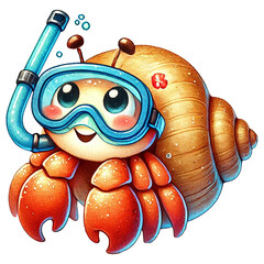 A cute hermit crab wearing snorkeling gear ready for underwater fun.
