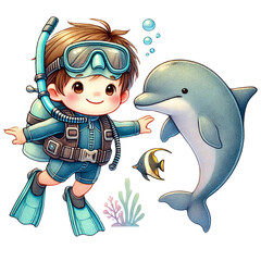 A joyful child scuba diving alongside a friendly dolphin.