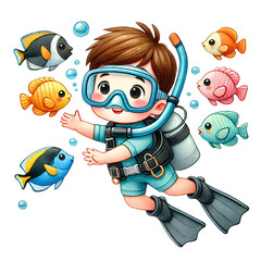 A joyful child snorkeling among colorful fish and bubbles.