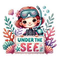 A whimsical illustration of a girl exploring underwater life.