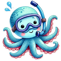 Cute cartoon octopus with snorkel ready for underwater adventures.