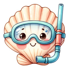 Cute cartoon shell wearing snorkeling gear, perfect for kids.