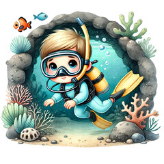 Young boy scuba diving in vibrant underwater environment.