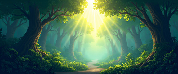 Obraz premium Rainforest Canopy: Sunlight Piercing Through Lush Greenery - A Hidden Paradise in Nature Landscape Illustration with Empty Space on the Left for Text or Design