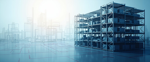 Photo realistic as Silhouette of a storage rack and a CAD drawing symbolizing warehouse planning in double exposure with copy space. concept as A silhouette of a storage rack intertwined with a CAD dr