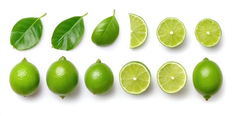 Close-up of fresh green limes with leaves on a clean white background, perfect for food and health themes.