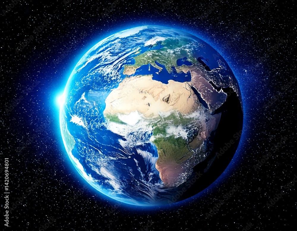 Wall mural planet earth globe view from space showing realistic earth surface and world map as in outer