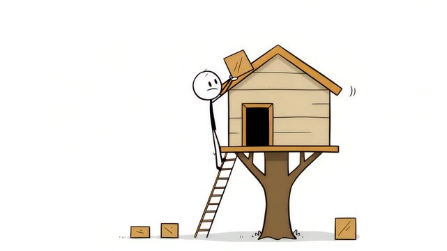 Stick figure building birdhouse treehouse diy home improvement illustration