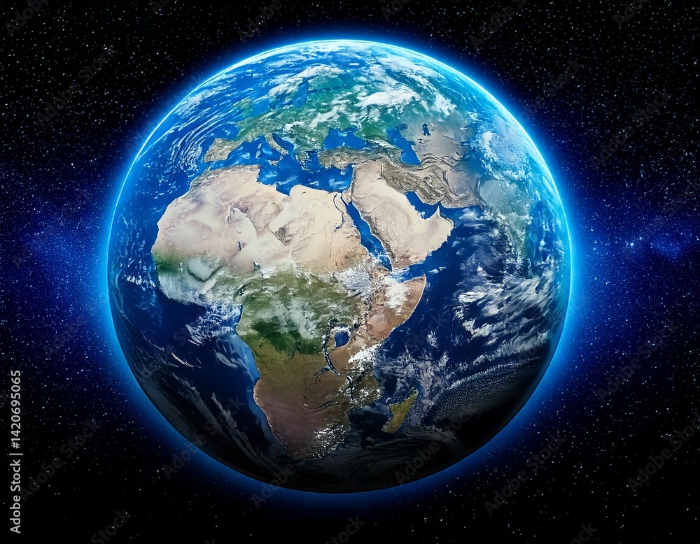 Wall mural planet earth globe view from space showing realistic earth surface and world map as in outer