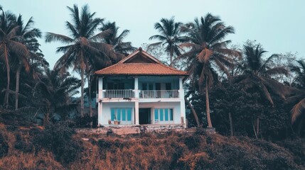 Tranquil tropical house nestled amidst lush palm trees.
