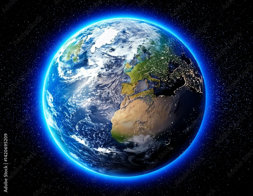 Wall mural planet earth globe view from space showing realistic earth surface and world map as in outer