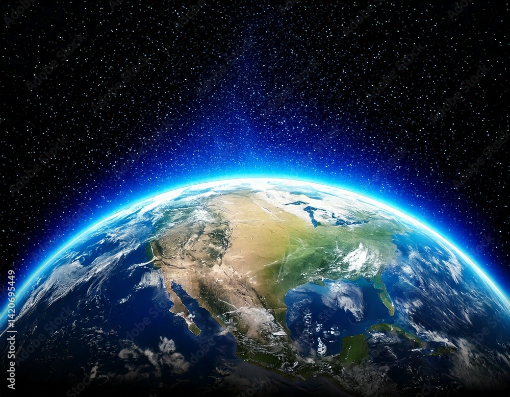 Wall mural planet earth globe view from space showing realistic earth surface and world map as in outer