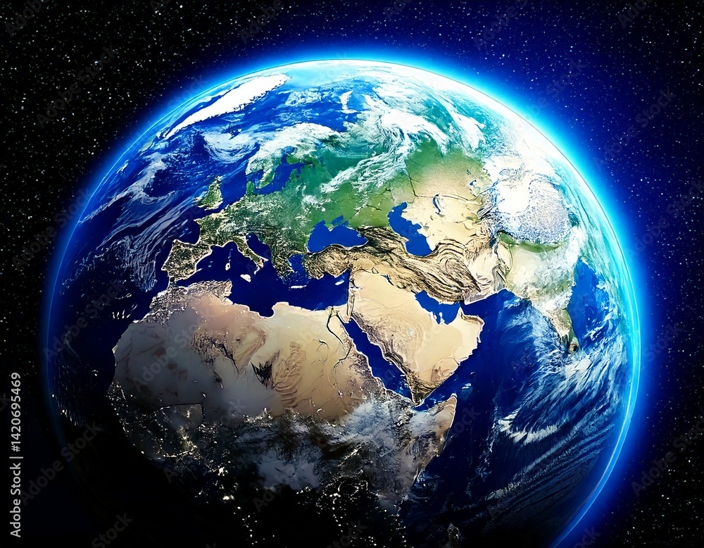 Wall mural planet earth globe view from space showing realistic earth surface and world map as in outer