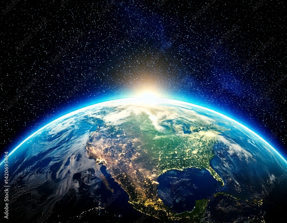 Wall mural planet earth globe view from space showing realistic earth surface and world map as in outer