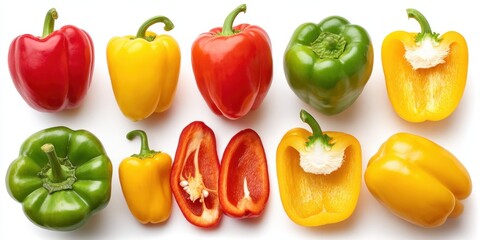 Close-up of colorful whole and halved peppers showcasing texture and vibrant red, yellow, and green hues.