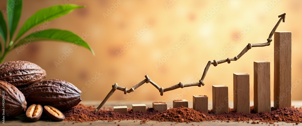 Poster photo realistic cocoa pods with horizontal chart on whimsical background - symbolizing steady cocoa 