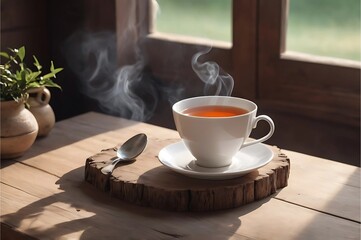 Fototapeta premium Calm Morning Moment with Tea on Wooden Table – Minimalist Lifestyle