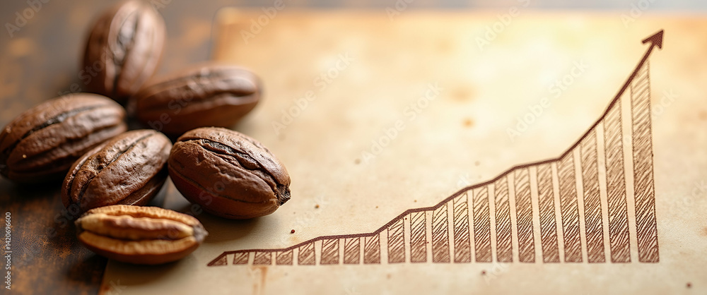 Poster photo realistic cocoa pods with horizontal chart on whimsical background: visualizing steady cocoa c