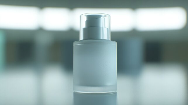 A frosted glass bottle with a dispensing pump cap on display