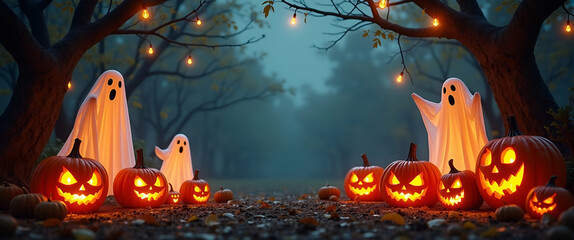 Eerie Halloween Border Frame: Transparent Ghosts & Carved Pumpkins Creating Spooky Space for Your Halloween Messages - Perfect for Photo Stock Concepts!
