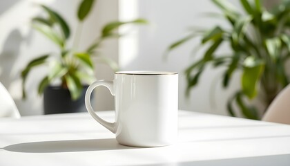 Ceramic white mug, sunlit table, scattered coffee beans, indoor plant, warm morning light, minimalist aesthetic, cozy home interior, soft shadows