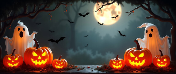 Eerie Halloween Border Frame: Transparent Ghosts and Carved Pumpkins with Copy Space for Spooky Messages