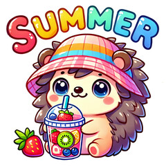A cute hedgehog enjoying a summer drink with colorful decorations.