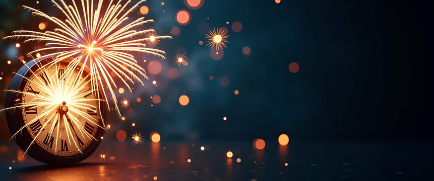 Sparkling fireworks and clock hands border with dynamic copy space for New Year resolutions concept as Bright fireworks and clock hands creating dynamic space for New Year resolution texts in  Photo S