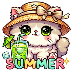 Cute cartoon cat enjoying a refreshing drink in summer bliss.