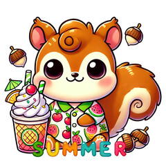 Cute cartoon squirrel enjoying summer with ice cream and fruits.