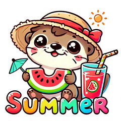 Cute otter enjoying summer vibes with watermelon and drink.