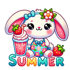 Cute rabbit character enjoying summer with a drink and strawberries.