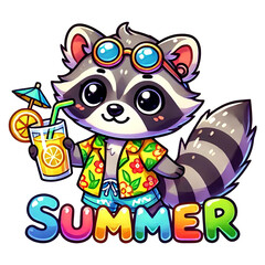 Cute raccoon enjoying summer with a refreshing drink and sunglasses.