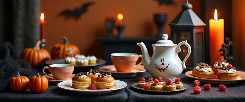 Hosting a Halloween tea party with themed decorations spooky elements and festive treats creating fun eerie gathering perfect for Halloween events concept as Hosting a Halloween tea party with themed 