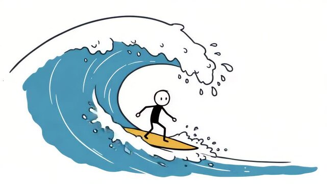 Surfer riding a huge wave minimalist line art illustration