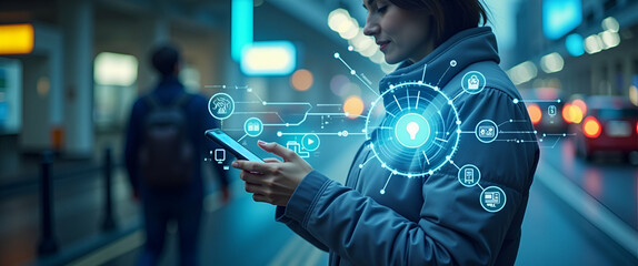 Photo realistic as Person with a travel app urban commute and navigation overlay symbolizing tech savvy urban commuting with copy space. concept as A person intertwined with a travel app urban commute