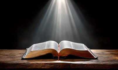 Open book bathed in light on a wooden table