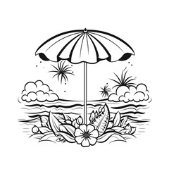 Retro Summer Umbrella and Wave Line Art Set