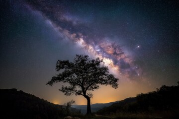 Naklejka premium Majestic tree silhouetted against a vibrant Milky Way sky.