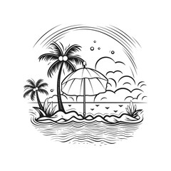 Retro Summer Umbrella and Wave Line Art Set