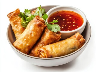 Crispy spring rolls served with sweet chili sauce and fresh cilantro garnish in a white bowl, perfect for Asian cuisine plate presentation