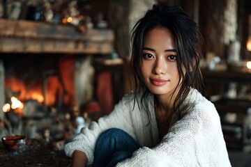 Warm Winter Hyper-Realistic Photo of Asian Woman Smiling by Fireplace in White Sweater and Jeans in Wooden Cabin