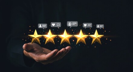 Close-up of hand under five shining stars with digital comment icons above