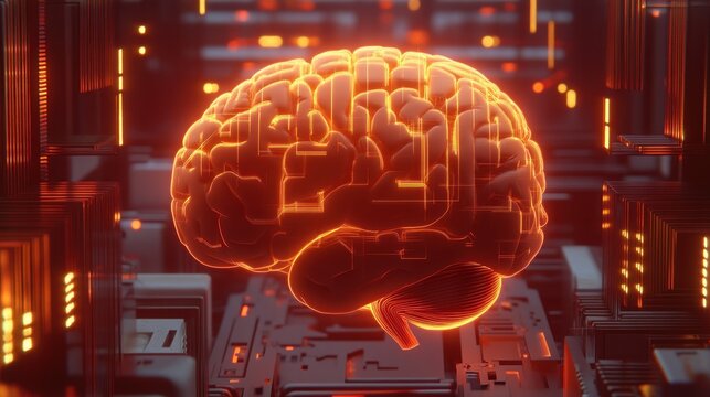A glowing brain is surrounded by futuristic technology. - Powered by Adobe