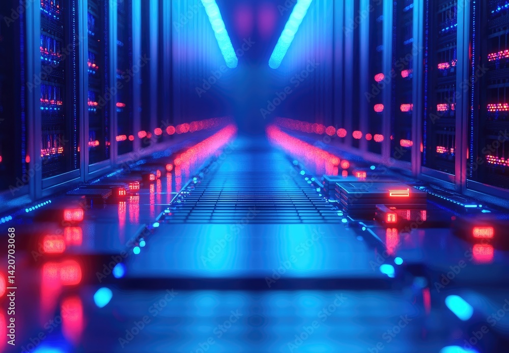 Poster low-angle view of futuristic servers with glowing red and blue lights, reflective floor, and sleek h