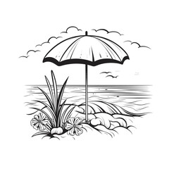 Retro Summer Umbrella and Wave Line Art Set