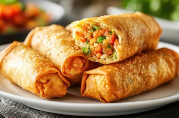 Crispy Vegetable Spring Rolls on a White Plate with Fresh Ingredients in the Background, Perfect for Asian Cuisine Dishes and Appetizers