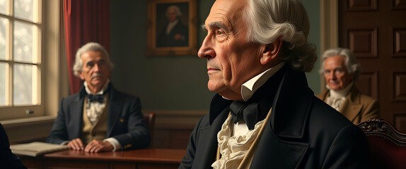 Honoring Founding Fathers: A Refined Photo Stock Concept Featuring Historic Reenactments and Iconic Imagery with Empty Space for Customization