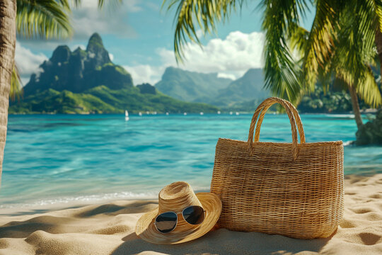 A stylish straw beach bag filled with summer essentials like sunglasses, a sun hat, and sunscreen is placed on the golden sands of a summer seaside resort, creating a perfect vacation vibe.